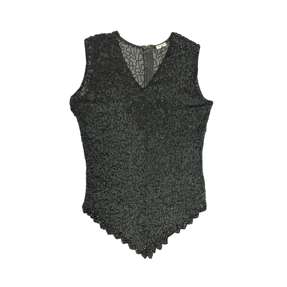 90s Vintage Sheer Black Embroidered‎ Beaded Sleeveless Shirt SZ Small Whimsigoth